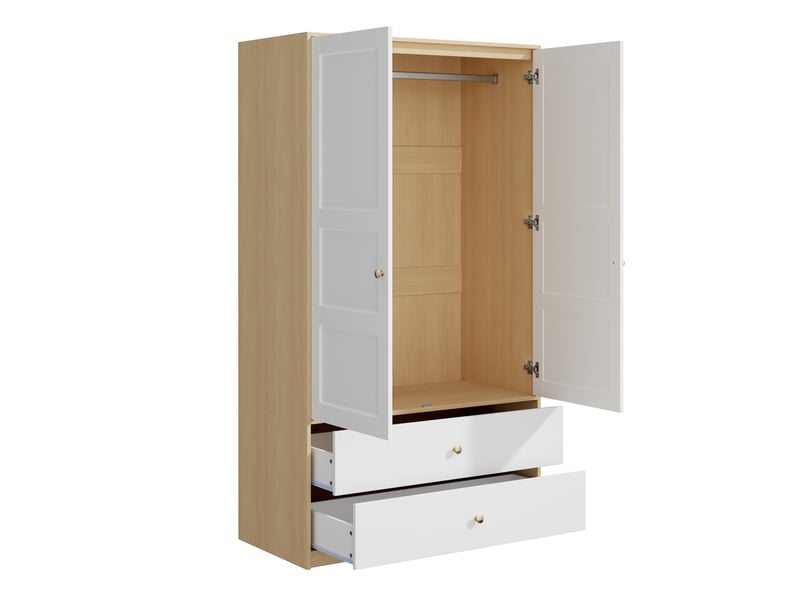  Armoire 100 x 48 x 180 cm, 2 portes avec 2 tiroirs et penderie, blanc et décor bois  - Conforama A