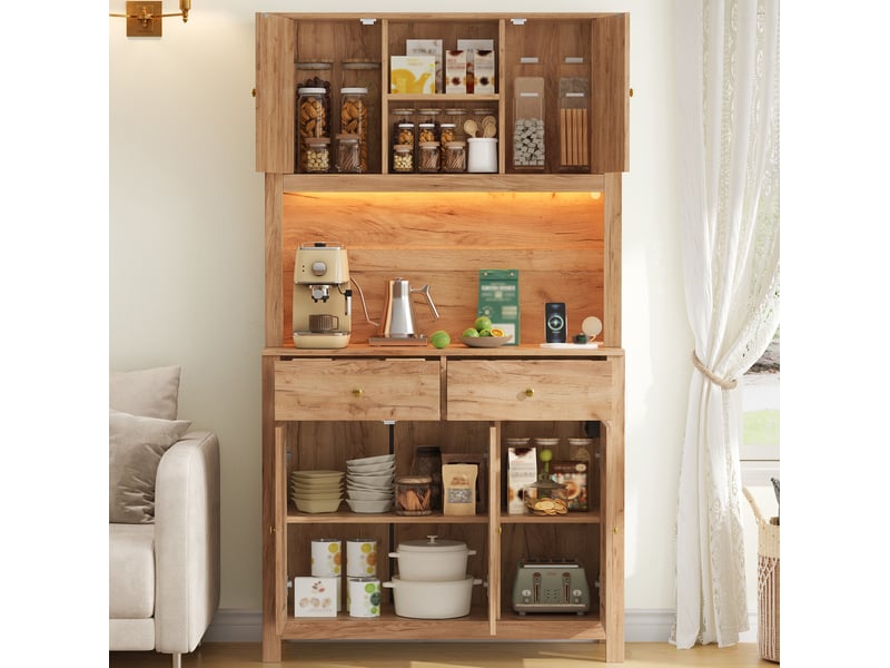  Buffet de cuisine 100x40x180 cm avec led, prises et portes en rotin coloris naturel  - Conforama D