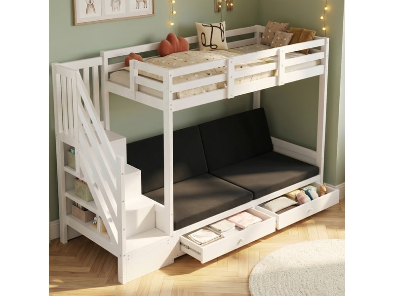  Modenvie lit mezzanine enfant 90x200 cm - canapé réglable, rangement intégré, sans matelas - blanc  - Conforama B