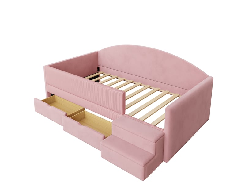  Lit mezzanine 90x190 cm rose velours doux, avec 2 tiroirs et rangements, barrières de sécurité, sans matelas  - Conforama A