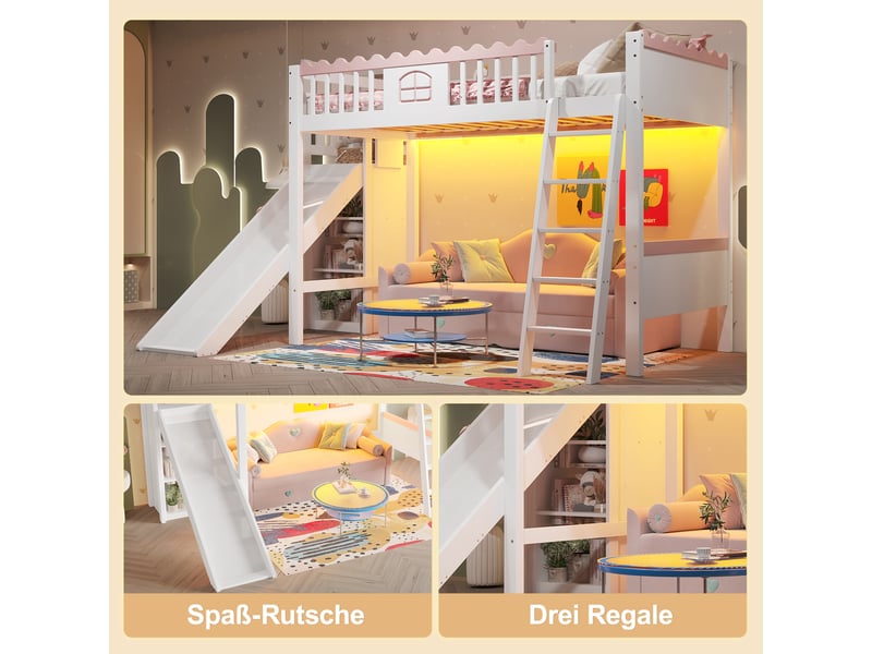  Lit mezzanine enfant 200×90 cm avec toboggan, 3 étagères et éclairage led, sans matelas, en pin et mdf blanc  - Conforama E