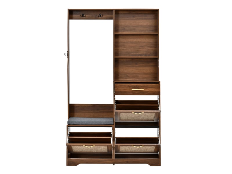  Penderie mobile - armoire, armoire d'entrée avec banc, meuble à chaussures, façade en rotin, patères, tiroirs, noyer  - Conforama B