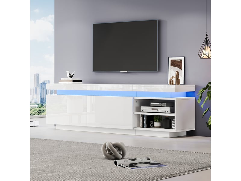  Meuble tv blanc brillant avec led 170 cm, banc tv moderne laqué pour écran 70 pouces, 2 portes  - Conforama E