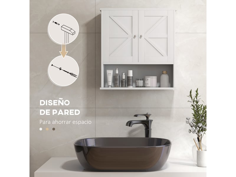  Meuble de salle de bain mural, style rustique, avec compartiments, étagère réglable, 2 portes, blanc  - Conforama E