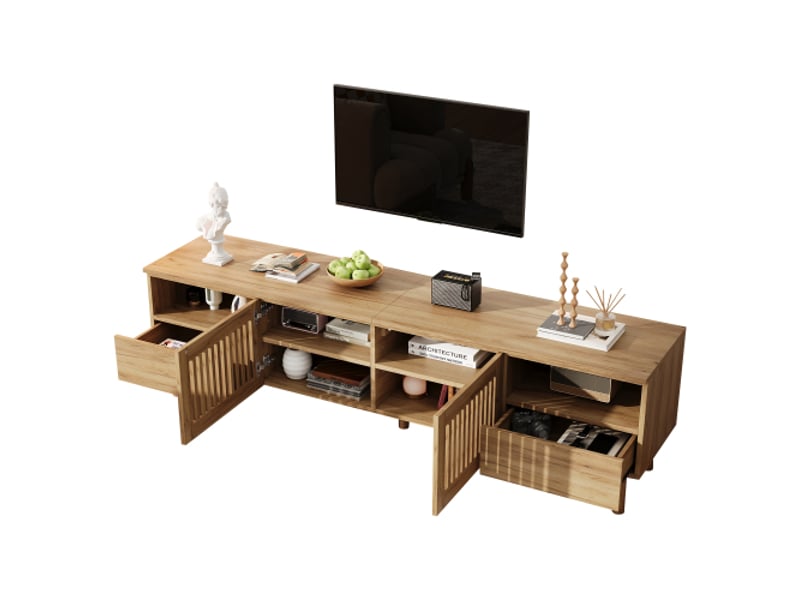  Meuble tv bas avec 2 portes grillagées et 2 tiroirs, mdf et pieds en bois massif, 180 × 40 × 51 cm, bois clair  - Conforama E