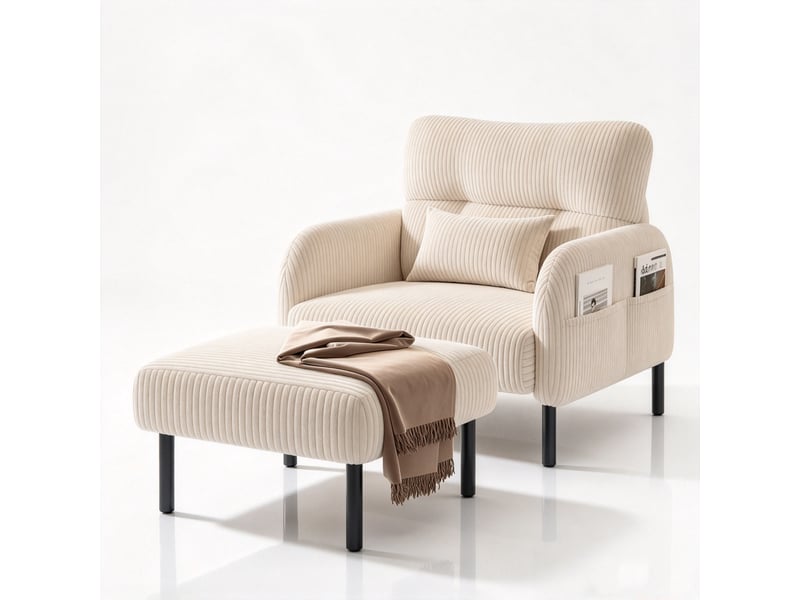  Fauteuil individuel en tissu velours côtelé avec repose-pieds, accoudoirs munis de poches latérales, structure métallique stable DUD2018 - Conforama A