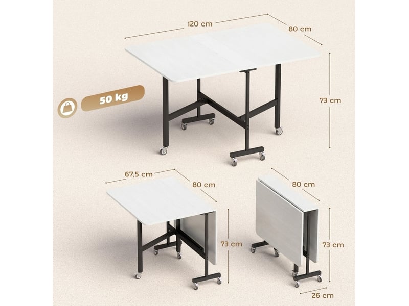 Table de cuisine pliable mobile 120x80 cm – blanche – 6 roulettes avec freins, gain de place pour petits espaces - Conforama C