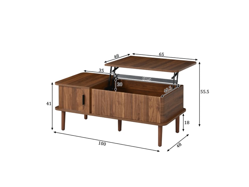  Table basse relevable 100 cm, avec coffre de salon extensible table de bureau plateau relevable porte coulissante, en mdf style rétro nordique, noyer  - Conforama E