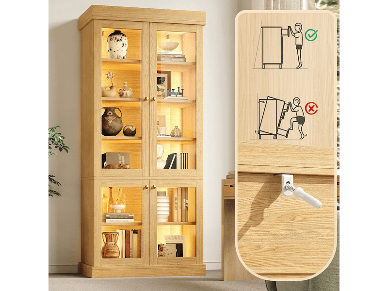  Buffet de cuisine haut effet bois naturel 160x40x180 cm avec vitrine en verre et led  - Conforama E