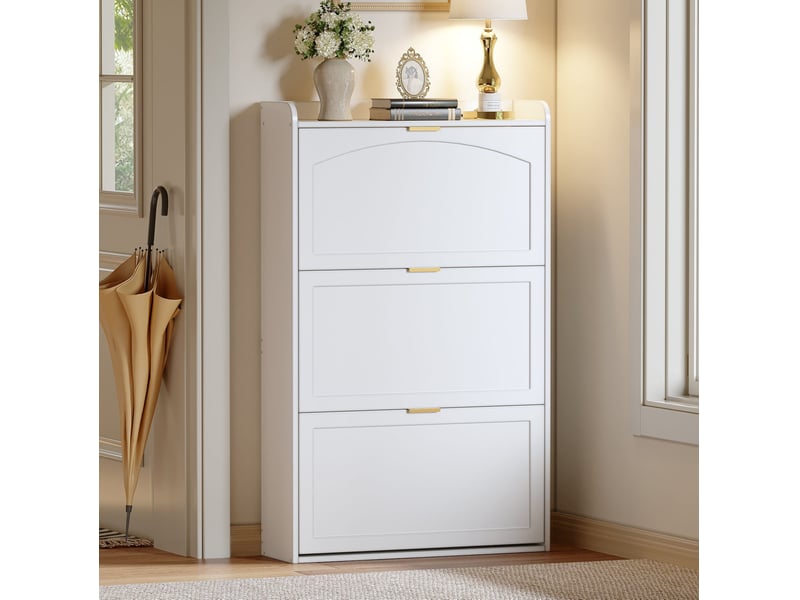  Meuble à chaussures avec 3 abattants, rangement compact pour entrée, en panneau de particules blanc 76 × 23 × 118 cm  - Conforama D