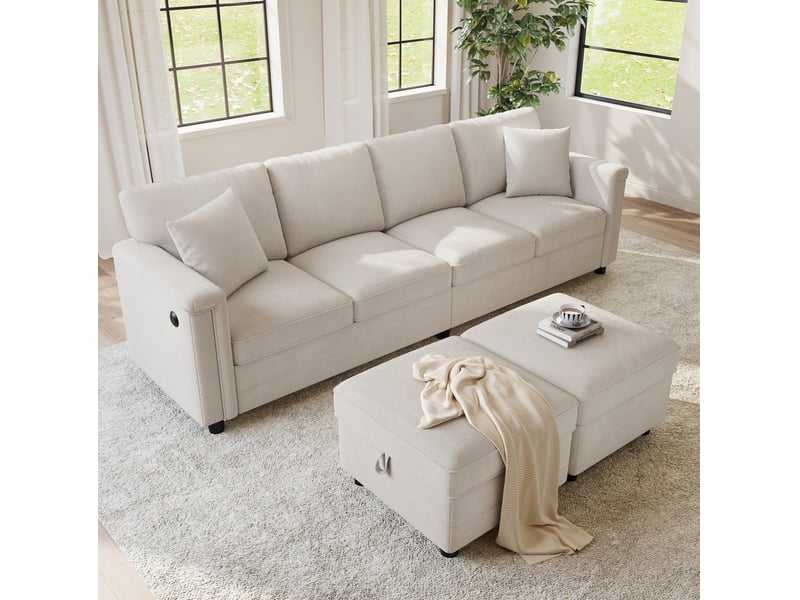  Canapé modulaire convertible en l ou u avec 2 poufs de rangement et ports usb, en chenille beige, 261 × 134 × 82 cm  - Conforama B