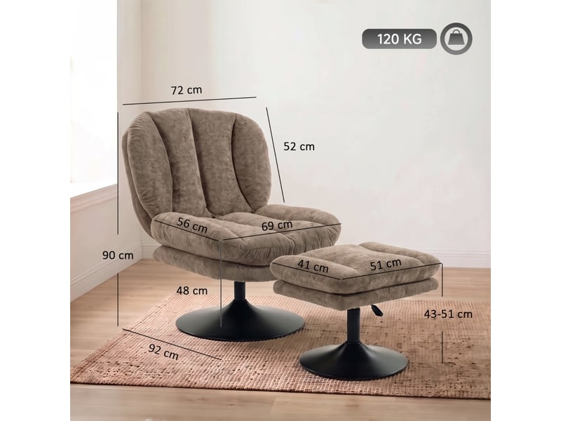 Fauteuil avec pouf pivotant à 360°, repose-pieds réglable en hauteur, dossier enveloppant, velours polyester marron - Conforama D