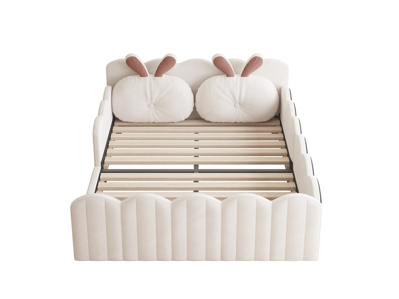  Lit plateforme 140x200 cm avec coussins motif lapin mdf beige sans matelas  - Conforama D