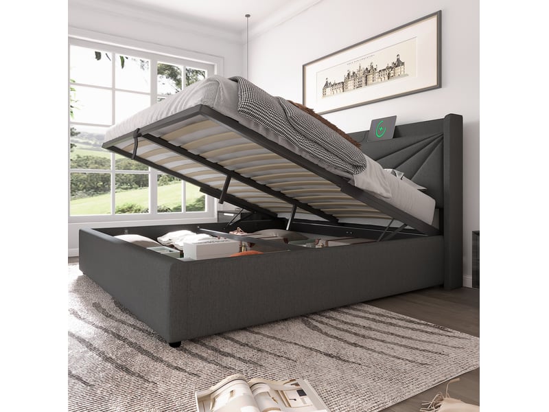  Modenvie lit coffre 180x200 cm - tête de lit géométrique, ports usb et usb-c, sans matelas - gris  - Conforama E