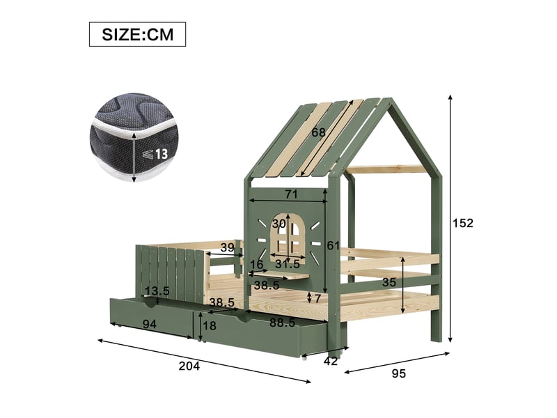  Lit cabane enfant 90x200 cm avec toit, fenêtre et 2 tiroirs, bois et mdf, vert et naturel, sans matelas  - Conforama C