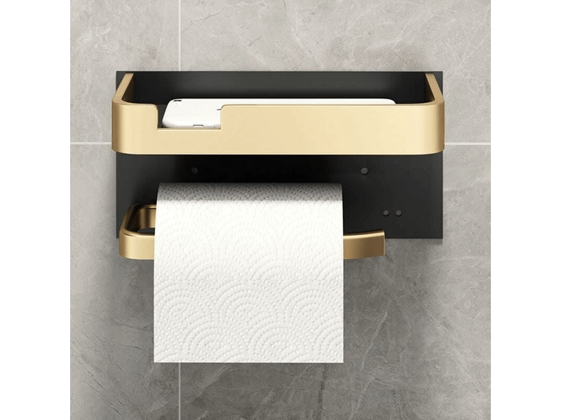 Porte-papier toilette mural avec support pour téléphone portable, porte-papier toilette moderne en viscose, or et noir - Conforama C