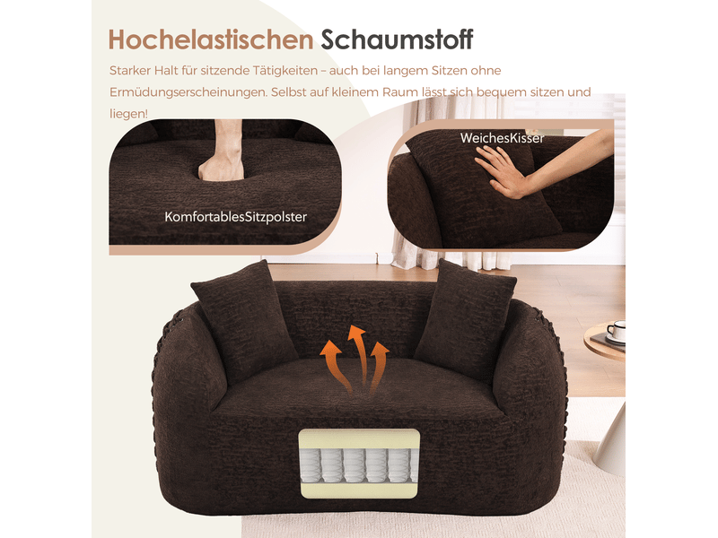  Canapé 2 places courbe modulaire en tissu marron, détails lacés et 2 coussins, format compact pour petits espaces  - Conforama D