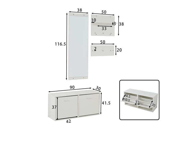  Vestiaire d'entrée complet, ensemble meuble d'entrée 4 pièces avec miroir et meuble à chaussures, style scandinave moderne 90x30x41.5cm, blanc  - Conforama E