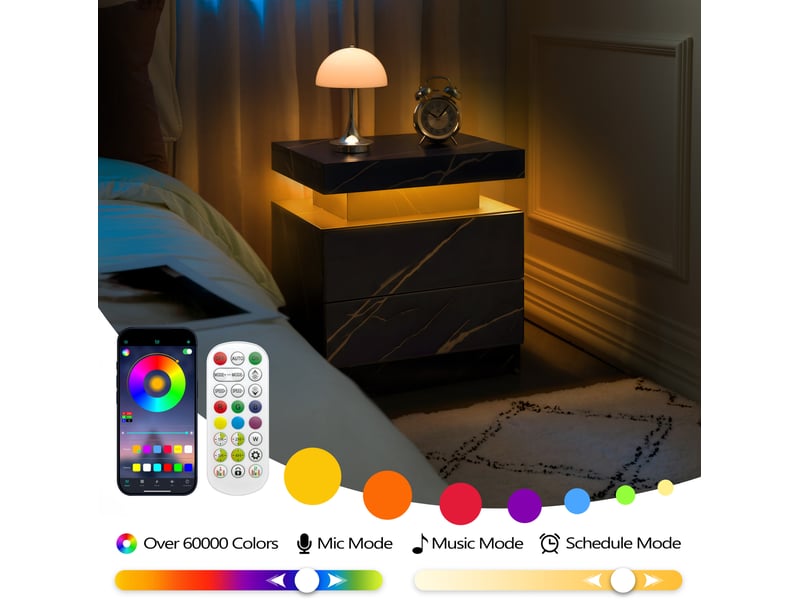  Table de chevet led moderne noire et dorée – 2 tiroirs – 50 × 53 × 36 cm  - Conforama E