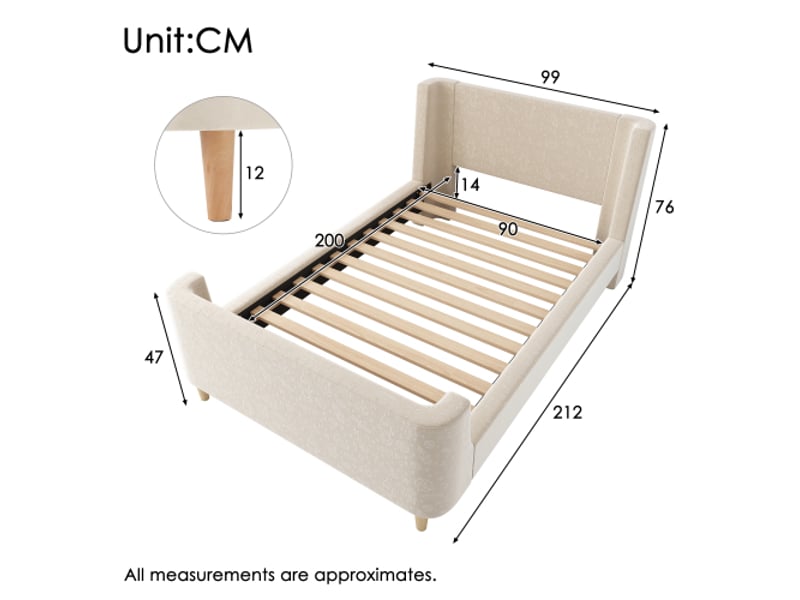  Lit enfant 90x200 cm, design luge et motif spatial, avec tête de lit et lattes, en tissu, beige, sans matelas  - Conforama D