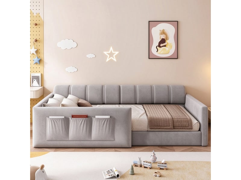 Lit pour enfant capitonné 90x200 – avec sommier à lattes – gris (matelas non inclus) - Conforama W
