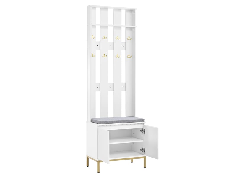  Banc d’entrée blanc, 8 patères dorées, rangement chaussures, assise, led  - Conforama D