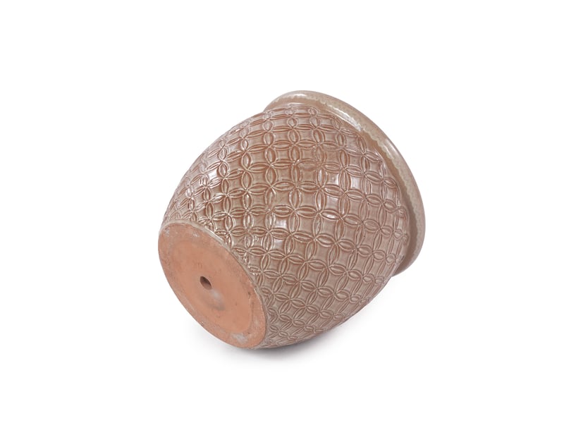  Pot de fleurs en céramique ø 23 x h 20,5 cm – beige brillant – relief pièces et drainage pour intérieur et balcon  - Conforama E
