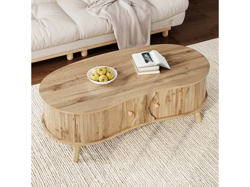 Table basse en forme de pois aspect rainuré, 2 portes coulissantes, aspect bois, pieds en bois massif, matériau MDF  - Conforama D