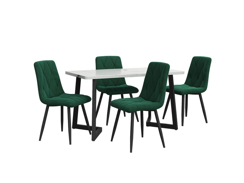  Ensemble table à manger avec 4 chaises, table rectangulaire blanche effet marbre 117 x 68 cm, velours vert émeraude  - Conforama B