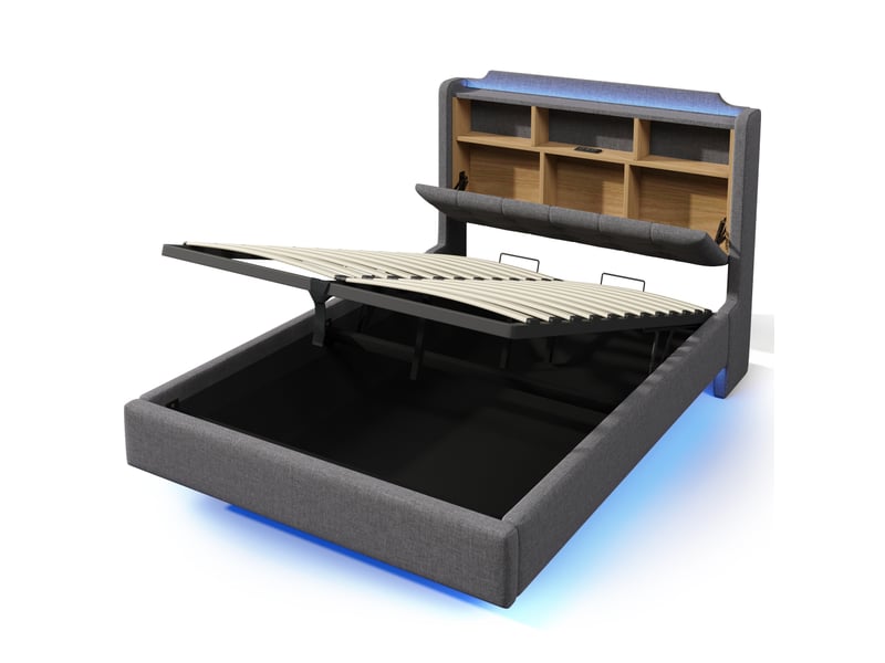  Lit capitonné, 140 × 200 cm, avec bande lumineuse led, rangement hydraulique, compartiments de rangement, design suspendu, matelas non inclus, ports usb et type-c, revêtement en lin, gris  - Conforama E