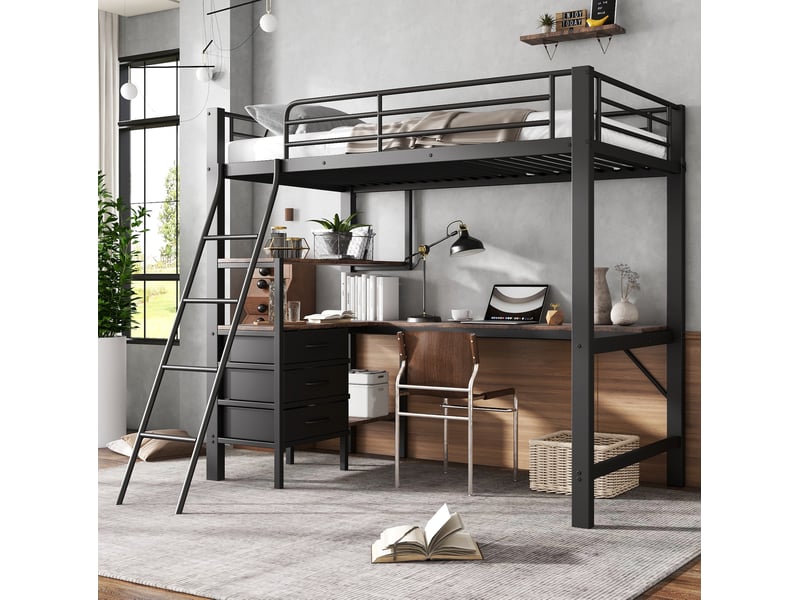 Lit mezzanine 90x200 cm en métal, bureau, 3 tiroirs et échelle inclinée noir - Conforama D
