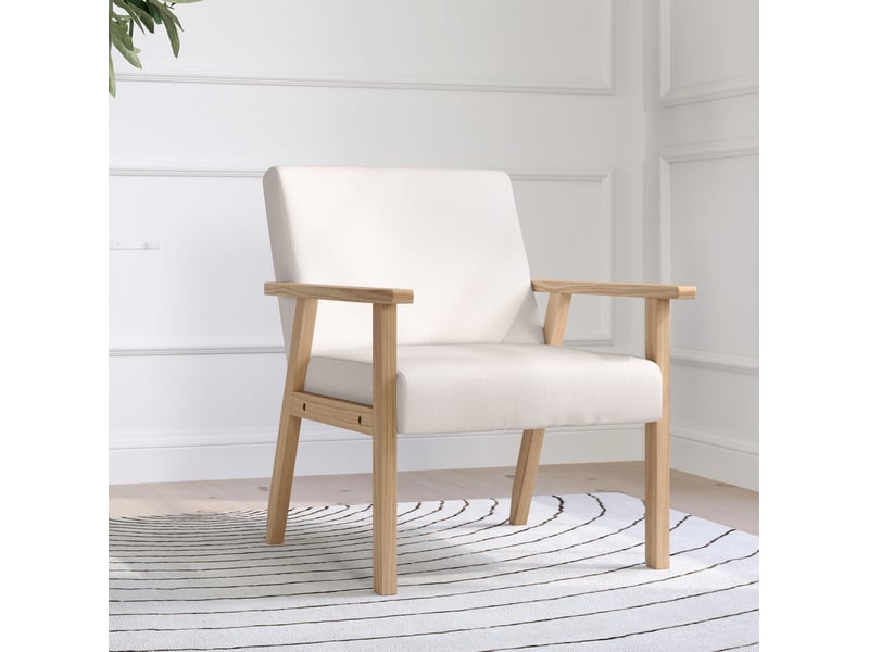  Fauteuil de détente avec accoudoirs et deux grands coussins, assise large et structure en bois, en lin blanc crème  - Conforama E