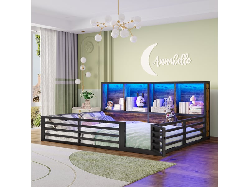  Lit bébé 140x200 cm - lit avec rangement latéral et led - métal et mdf - sans matelas - noir  - Conforama D