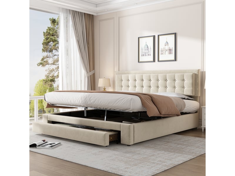  Lit double 180x200 cm, cadre de lit, sommier à lattes, coffre de rangement, tiroirs, velours beige  - Conforama E