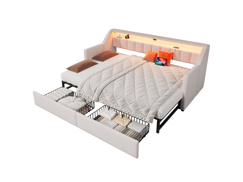 Lit enfant gigogne extensible 90 x 200cm 2 tiroirs usb type‑c led multicolore lin, mdf, beige sans matelas - Conforama A