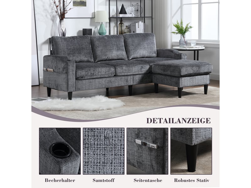  Canapé 4 places, canapé de salon – en velours, poches latérales, porte-gobelets, avec pouf, avec rangement, avec accoudoirs  - Conforama D