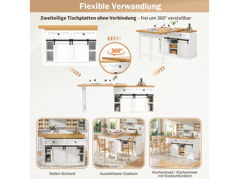  Desserte de cuisine avec 2 tiroirs et plateau pivotant, portes coulissantes pour cuisine 120×40×72 cm blanc  - Conforama E