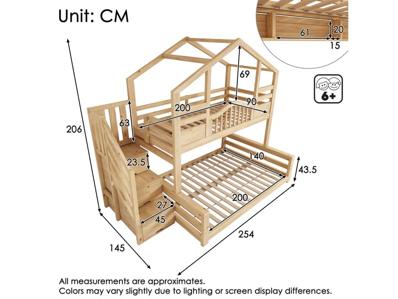 Lit superposé enfant 90x200 et 140x200 cm avec escalier-rangement, naturel - Conforama C