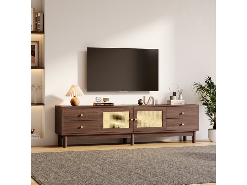  Meuble tv modenvie 180 x 35 x 44 cm avec 4 tiroirs, 2 portes motif rotin et passe-câbles, marron aspect bois foncé  - Conforama B