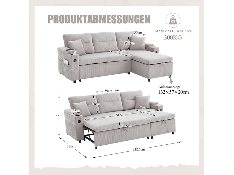 Canapé 3 places 212,5x136x86cm avec rangement, porte-verres et ports usb-c, confort et doux, velours côtelé gris clair  - Conforama C