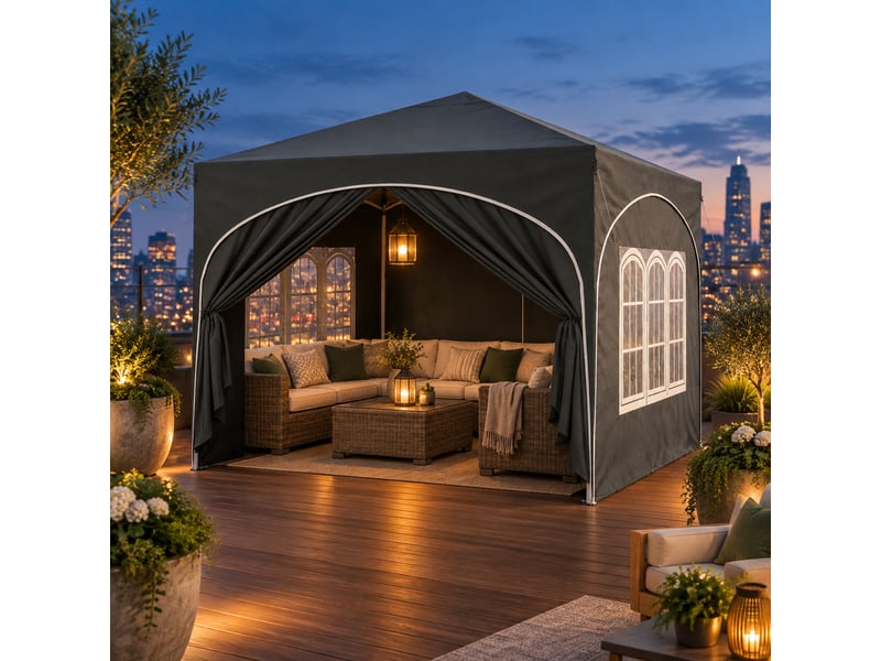 Tonnelle pliante 300x300 cm grise en métal et tissu oxford, 4 parois amovibles avec protection uv 50+ - Conforama D