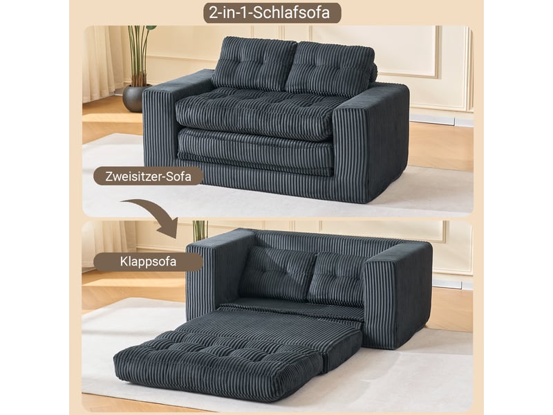  Canapé convertible 2 places noir - canapé-lit compact avec revêtement cord et mousse mémoire de forme  - Conforama W