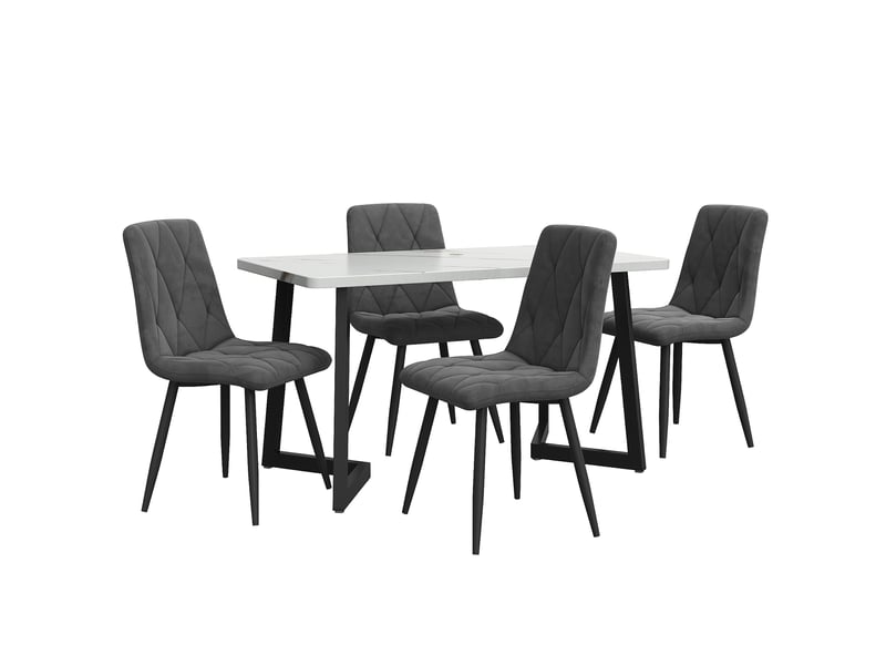 Ensemble table à manger avec 4 chaises, table rectangulaire 117 x 68 cm, plateau effet marbre blanc et velours gris foncé  - Conforama E
