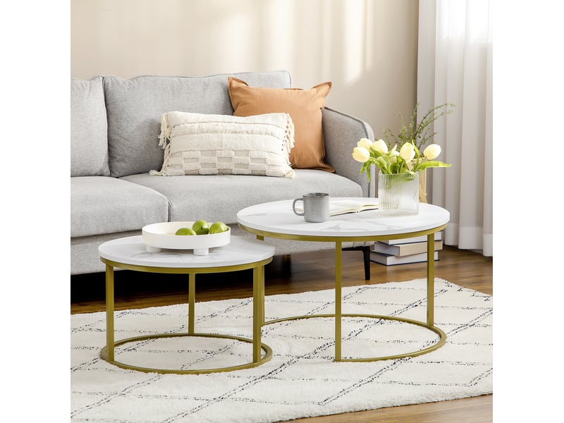  Tables basses gigognes rondes avec 2 plateaux effet marbre et pieds réglables, en acier doré, pour salon, blanc  - Conforama B