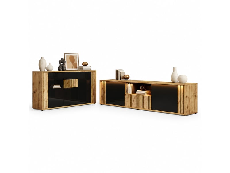 Ensemble meuble tv et sideboard noir et bois clair avec led bluetooth, pour un salon bien organisé - Conforama A
