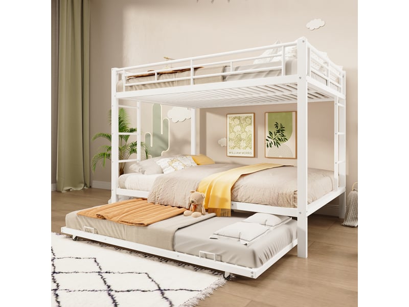 Lit superposé gigogne enfant 140x200 cm en métal avec lit tiroir 90x190 cm, barrières de sécurité, lit extensible gain de place - blanc - Conforama B