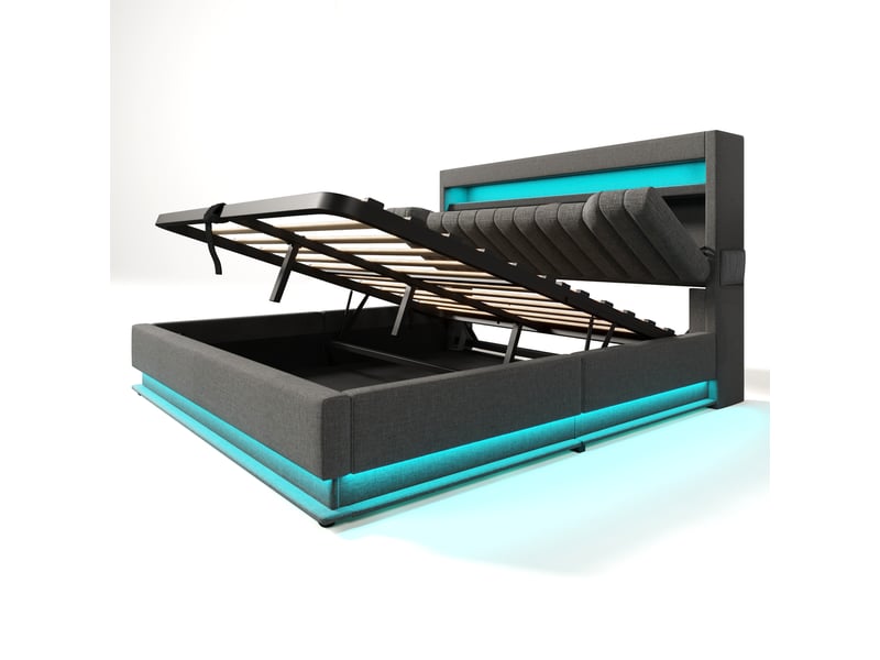  Lit coffre,160x200 cm,avec led, usb et matelas,lin,gris  - Conforama D