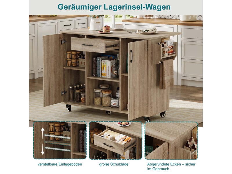  Desserte de cuisine 120x43,5x92,9 cm, sur roulettes, plateau rabattable, tiroir et placards, mdf, couleur chêne sonoma  - Conforama E