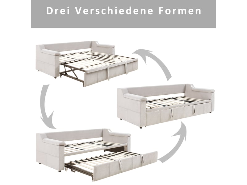 Lit enfant 90-180x190 cm, canapé-lit convertible avec accoudoirs, port usb et sommier, velours, beige, sans matelas - Conforama D