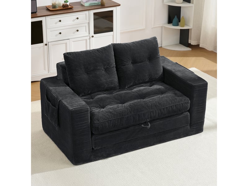 Canapé 2 places avec accoudoirs larges et poches latérales, canapé droit confortable pour s’asseoir ou s’allonger, salon, chambre, bureau, noir Seren Glow - Conforama B